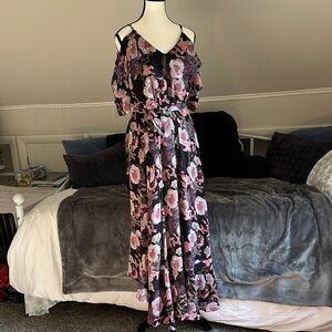 Lulu's Black and Pink Floral Wrap Around Maxi Dress